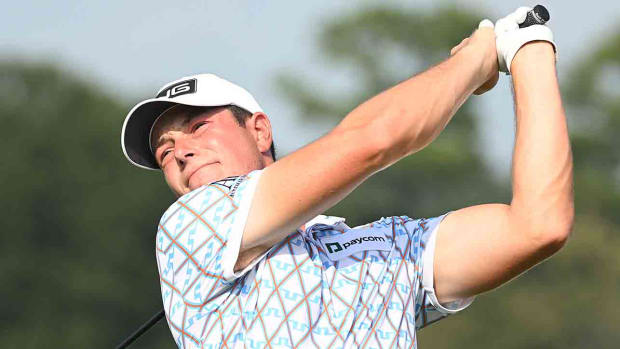 Viktor Hovland tees off during the first round of the 2023 Tour Championship at East Lake Golf Club in Atlanta.